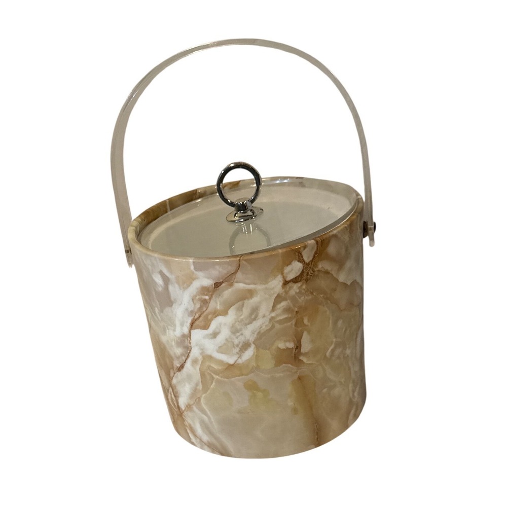 Vintage Faux Marble Onyx Ice Bucket Acrylic Handle Lid Tan Cream MCM Barware
